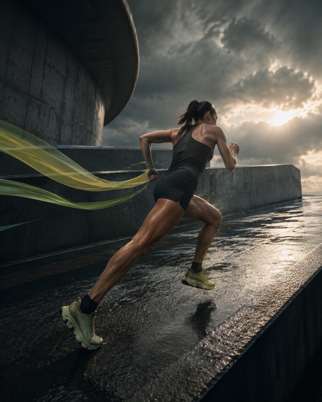 Fictional cinematic sports campaign showing a runner on rain-darkened architecture
