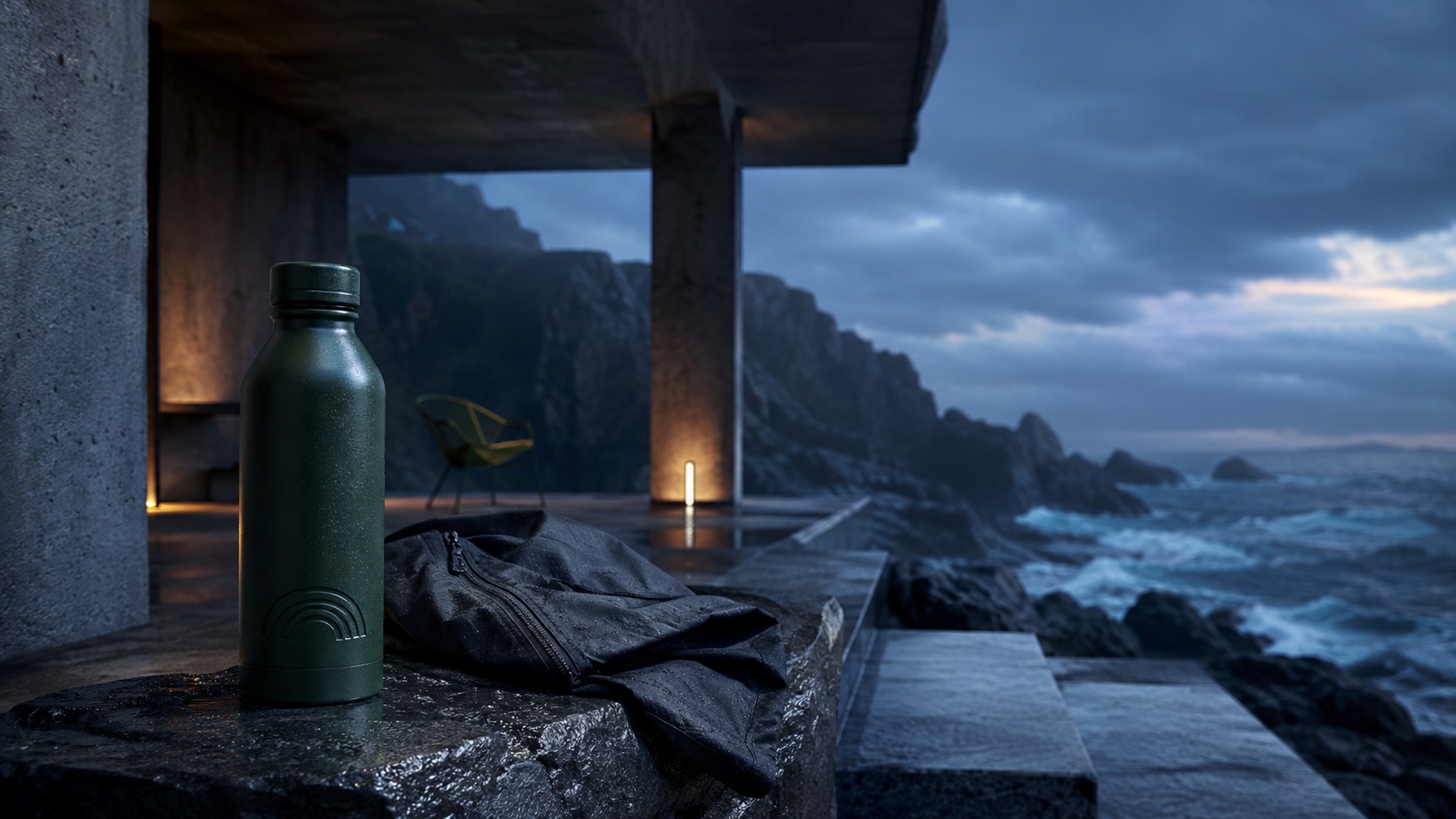 Fictional creative concept showing a performance bottle in a cinematic coastal environment