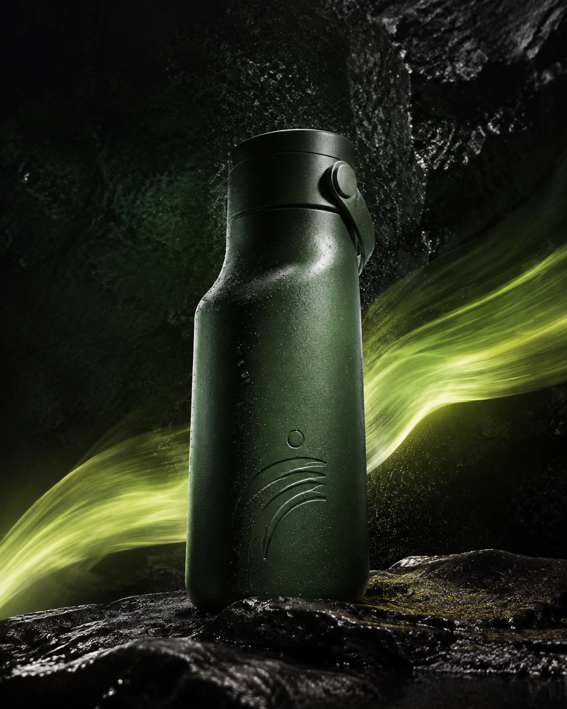 Fictional deep-green performance bottle photographed on wet volcanic stone