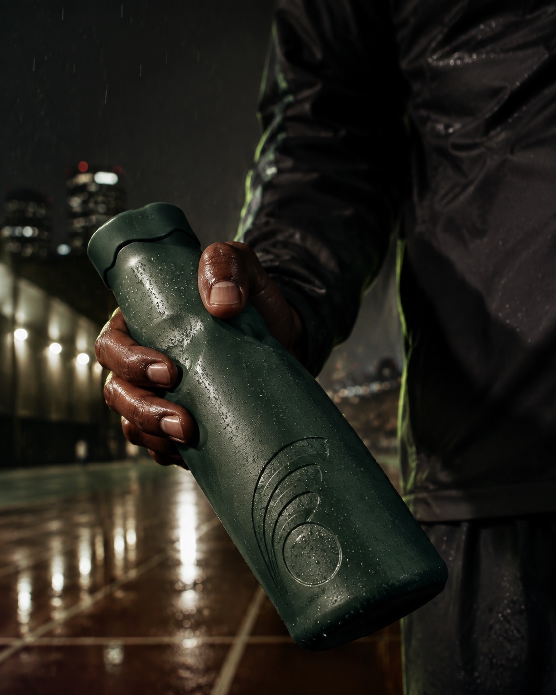 Fictional vertical social campaign frame showing an athlete holding a performance bottle